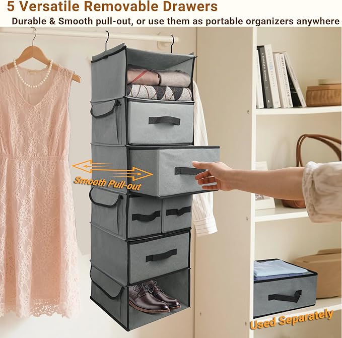 Durable 6-Tier hanging closet organizer with 5 Drawers & 3 Side Pocket,Thickened Fabric Hanging Shelves Holder with Sturdy Ho