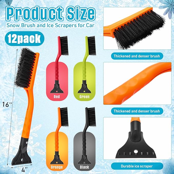 Uiifan 12 Pcs 16 Inch Winter Car Snow Brush Set Ice Scraper and Snow Brush for Car Windshield, Soft Bristle Head, 2 in 1 Winter Removal Tool for SUV and Truck Multi Functional Accessories Gift