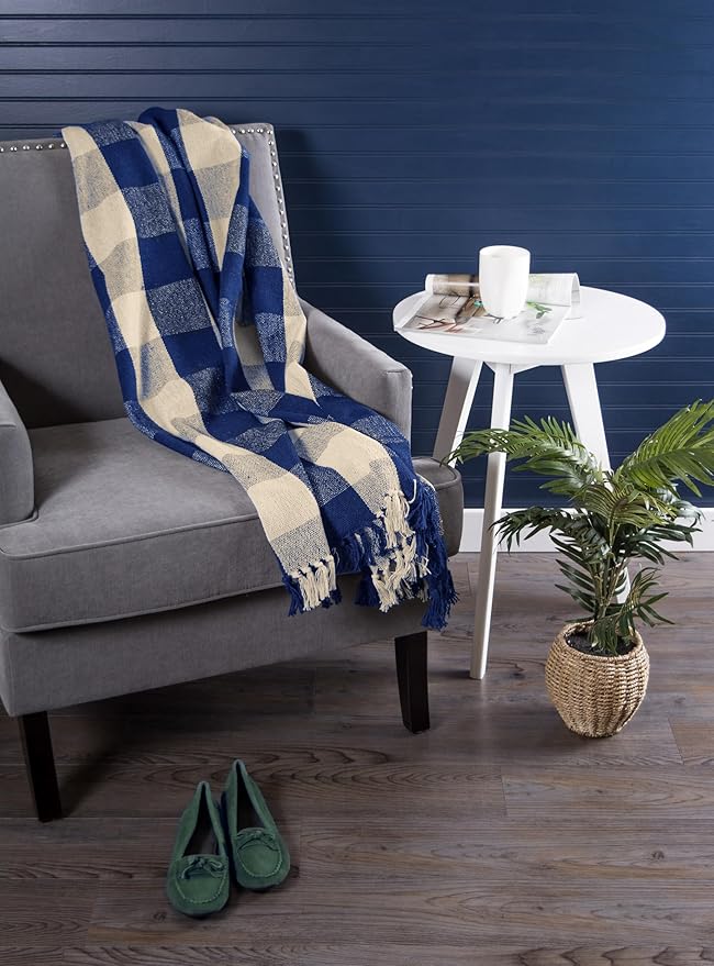 DII Buffalo Check Collection Rustic Farmhouse Throw Blanket with Tassles, 50x60, Navy/Off-White