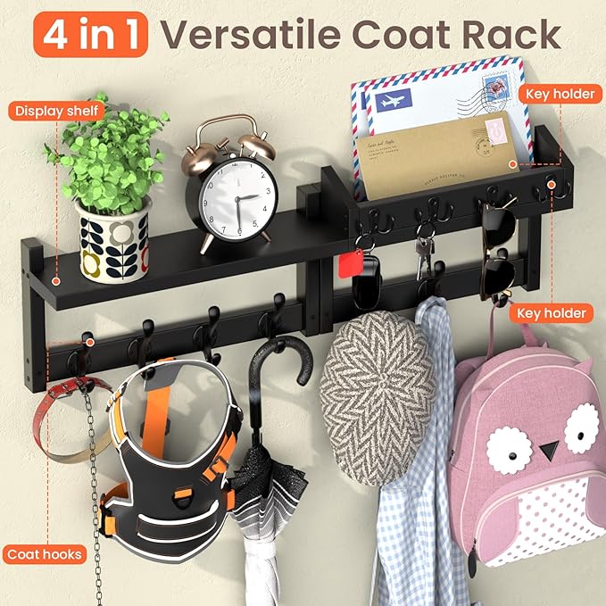 29'' Black Coat Rack Wall Mount with Shelf, Solid Wood Coat and Key Hanger with 11 Metal Hooks, Farmhouse Wall Organizer for 