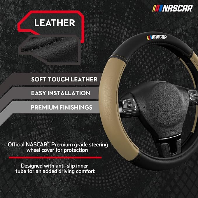 NASCAR Steering Wheel Cover, Two-Tone Beige Leather Patchwork, Universal Fit 14.5"-15.5" Steering Covers for Cars, Anti-Slip,