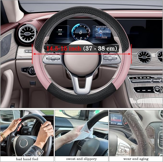 Black & Pink Car Steering Wheel Cover, Microfiber, Leather Patchwork, Universal 14.5-15 Inch Leather Anti-Slip Breathable Aut