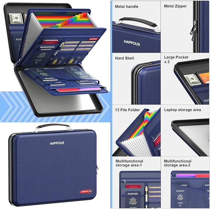 Fireproof File Organizer, Expanding File Folder with 13 Pockets, Portable Fireproof Document Box Hard-Shell Document Organize