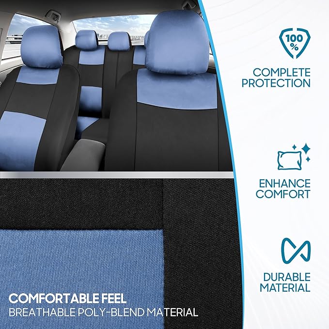 BDK PolyPro Car Seat Covers Full Set in Blue Gray on Black, Front and Rear Split Bench Seat Covers for Cars, Easy to Install 