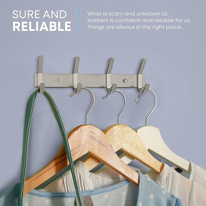 Brushed Nickel Coat Rack Wall Mount with 4 Double Hooks for Hanging – 12 Inch Heavy Duty SUS304 Stainless Steel Rustic Coat H