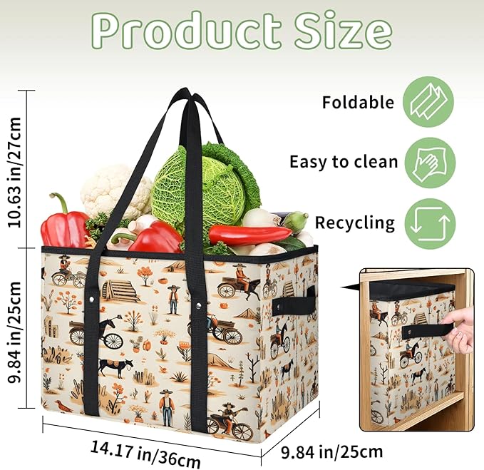 Reusable Grocery Bags Heavy Duty Shopping Bags Foldable Large Tote Bags with Long Handles & Hard Bottom
