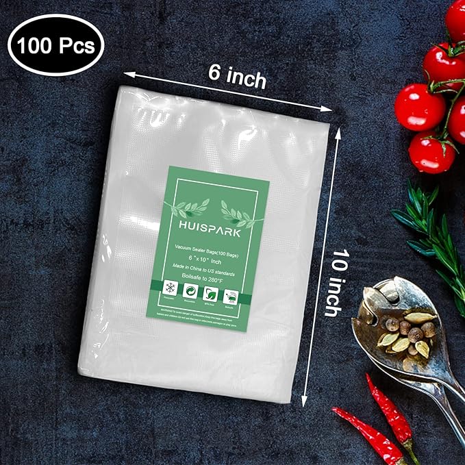 Vacuum Sealer Bags, Heavy Duty Pre-Cut Design Commercial Grade Food Sealable Bag for Heat Seal Food Storage, 6" x 10" 100 Pcs