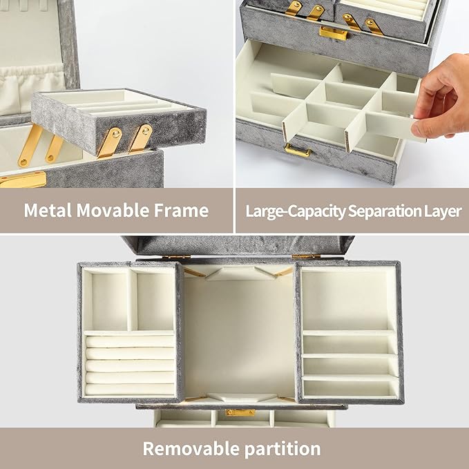 Dajasan Jewelry Organizer Box, Large Velvet Jewelry Boxes for Women Girls, Space-Saving 3 Layers Jewelry Storage Case with Dr