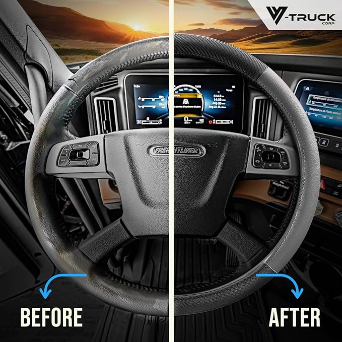 18-Inch Genuine Leather Steering Wheel Cover for Semi Trucks – Grey with Black Carbon Fiber Imitation, Heavy-Duty Non-Slip Grip, Universal Fit, Easy Installation