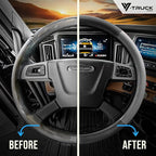18-Inch Genuine Leather Steering Wheel Cover for Semi Trucks – Grey with Black Carbon Fiber Imitation, Heavy-Duty Non-Slip Grip, Universal Fit, Easy Installation