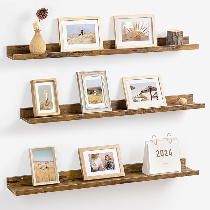 Axeman 36 Inch Floating Shelves | Brown Picture Ledge Shelf Set of 3 | Rustic Brown Wood Wall Shelves with Lip | 36" Picture 