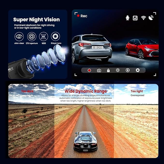 WiFi Dash Cam Front and Rear, 4K Front 2.5K Car Camera, 3" IPS Screen, 170° Wide Angle, WDR Night Vision, 64GB SD Card Included, Loop Recording, G-Sensor, 24H Parking Monitor, Type-C Charging (K9)