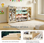 EXPERLAM 3-in-1 Toy Storage Organizer, Stuffed Animal Holder & 3-Tier Bookcase, Solid Wood Toy Organizer with 12 Storage Bins