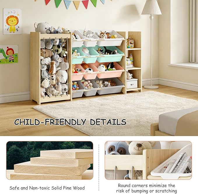 EXPERLAM 3-in-1 Toy Storage Organizer, Stuffed Animal Holder & 3-Tier Bookcase, Solid Wood Toy Organizer with 12 Storage Bins