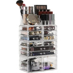 Cq acrylic 4 Pack Clear Makeup Organizer Countertop,Stackable 12 Drawers Skincare Organizer,Cute Skin Care Organizer for Vani