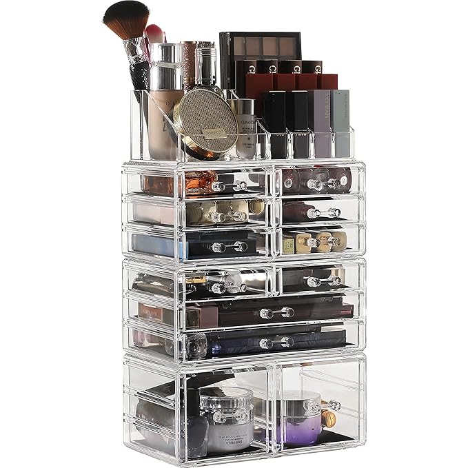 Cq acrylic 4 Pack Clear Makeup Organizer Countertop,Stackable 12 Drawers Skincare Organizer,Cute Skin Care Organizer for Vani
