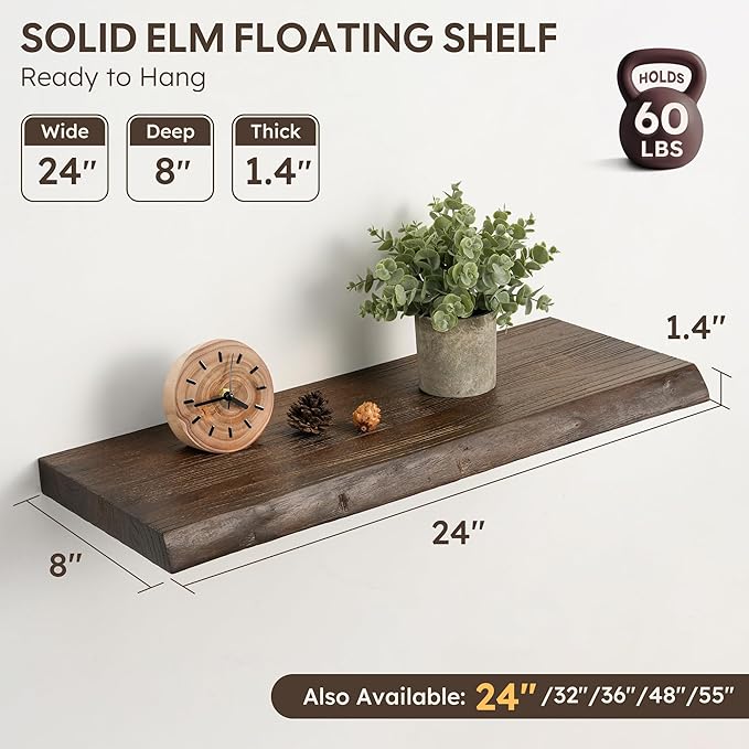 Floating Shelves Set of 2, Solid Elm Wood Wall Shelves 24 Inch - Invisible Bracket Mount for Living Room, Bedroom, Kitchen, B