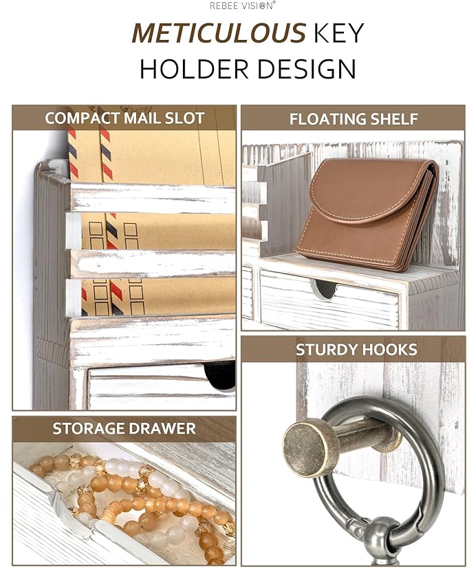 Rebee Vision Farmhouse Key Holder Wall Mount for Home Decor – Key and Mail Holder for Wall with 2 Drawer Organizer, 6 Key Hoo