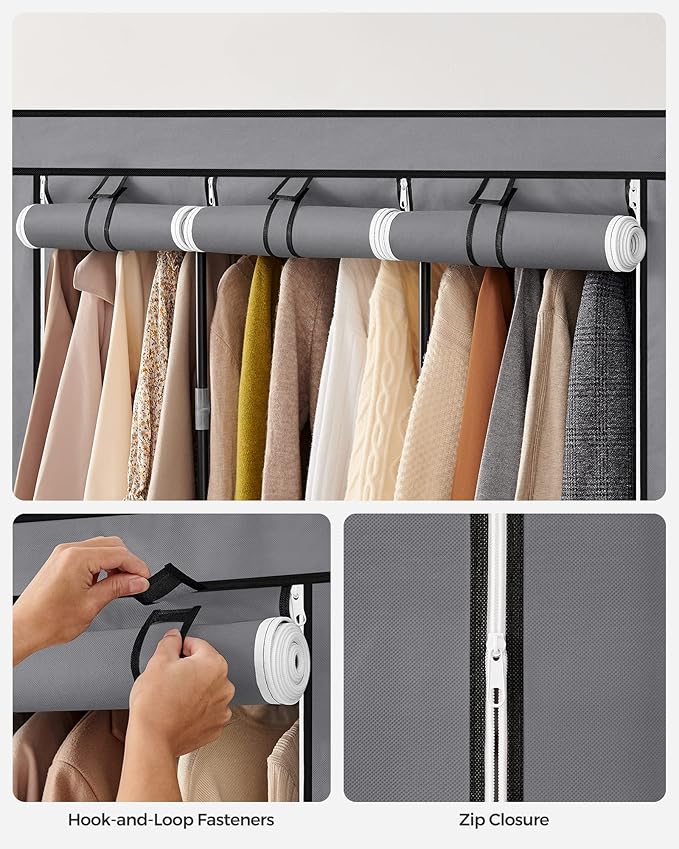 SONGMICS Portable Closet, Wardrobe Closet Organizer with Cover, 3 Hanging Rods and Shelves, 4 Side Pockets, 51.2 x 17.7 x 65.