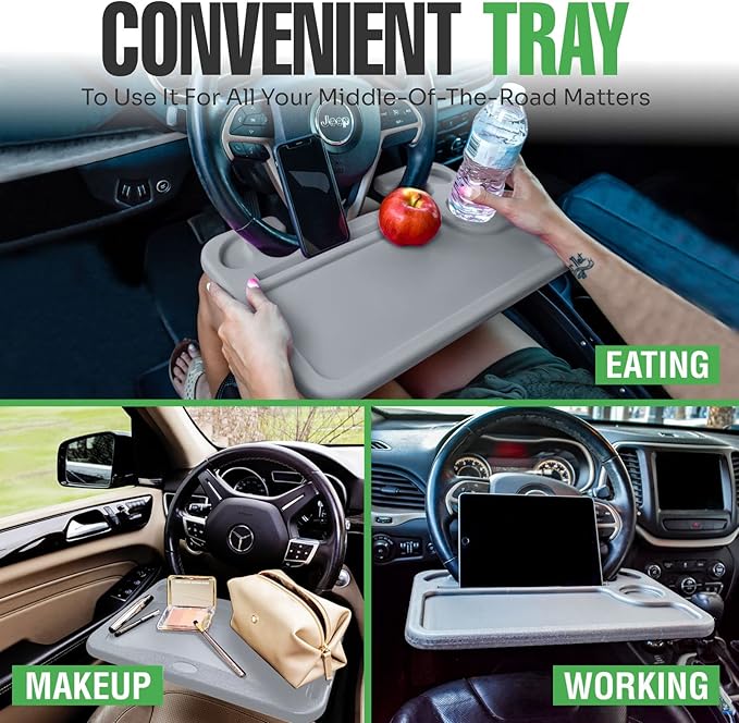 lebogner Steering Wheel Tray, Car Food Trays for Eating with Tablet Slot, Multipurpose Double-Sided Hook On Travel Auto Steering Wheel Desk Table for Laptop & Notebook with Cup Holder, Grey