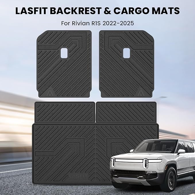 LASFIT Trunk Mat & Backrest Mats for Rivian R1S 2025 2024 2023 2022, All Weather TPE Custom Fit Cargo Liner for R1S Cargo Mat, Black, Easy to Clean