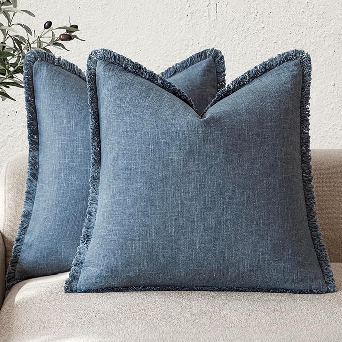 Foindtower Set of 2 Decorative Linen Fringe Throw Pillow Covers Cozy Boho Farmhouse Cushion Cover with Tassels Accent Pillowc