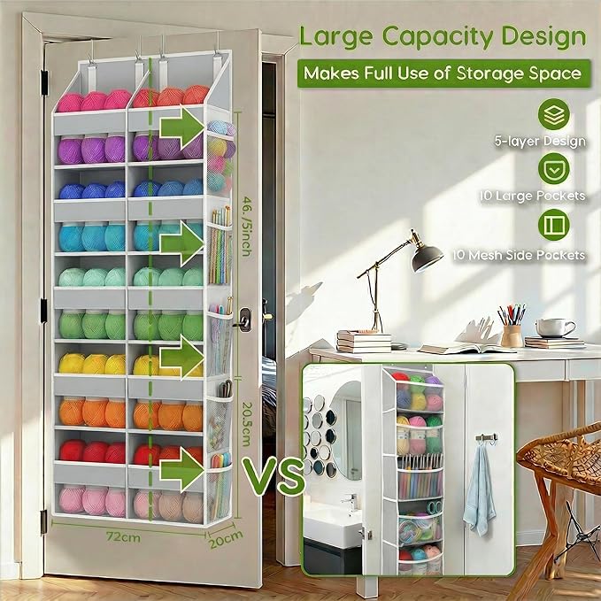 Unjumbly 5 Tiers Over The Door Hanging Yarn Storage Organizer, Hanging Door Organizer for Knitting and Crochet Supplies, Back