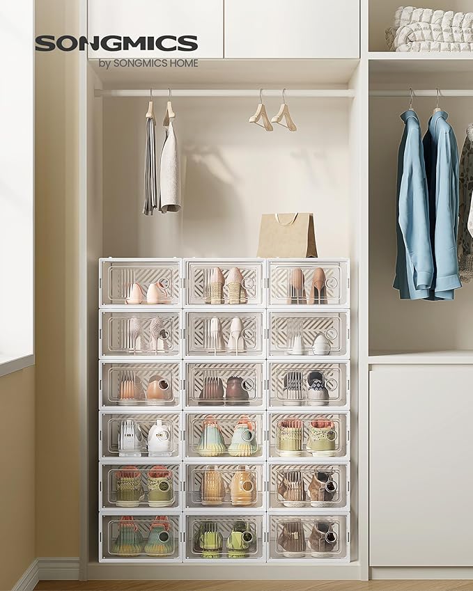 SONGMICS Stackable Shoe Boxes, Foldable Shoe Storage Organizers, Ventilated, for Max. Men's Shoes US Size 9 or Women's Shoes 