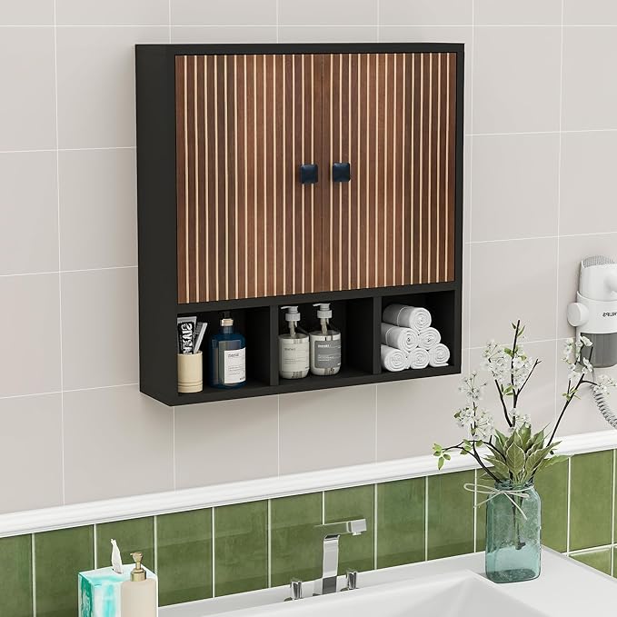 Bathroom Wall Cabinet,Wooden Medicine Cabinet with Fluted Doors Over The Toilet Storage Cabinet with Adjustable Shelf for Bat