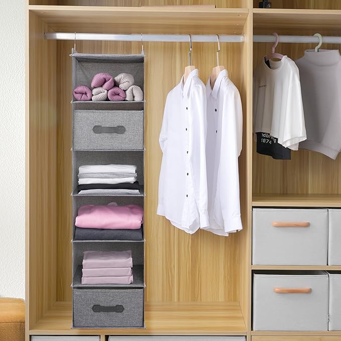 Large Hanging Sweater Organizer for Closet,Collapsible 6-Shelf Hanging Closet Shelves with Drawers, Washable (Grey-6 Shelf-2 