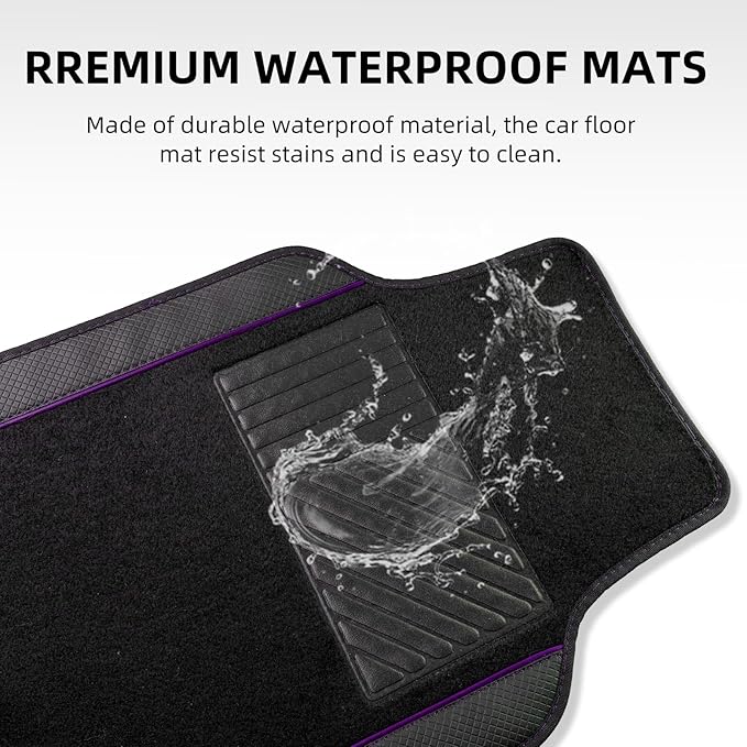 NBTEPEM Waterproof Universal Fit Car Floor Mats, Faux Leather Sporty Car Carpet Mats with Anti-Slip Nibbs Backing & Driver Heel Pad Fit for SUV, Vans, Sedans, Trucks, Set of 4 (Black with Purple line)
