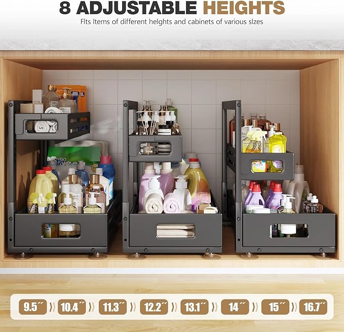 2 Pack 21IN-Depth Under Sink Organizer,Pull Out Cabinet Organizer With Smooth Cylindrical Rail,Metal Slide Out Drawer for Kit