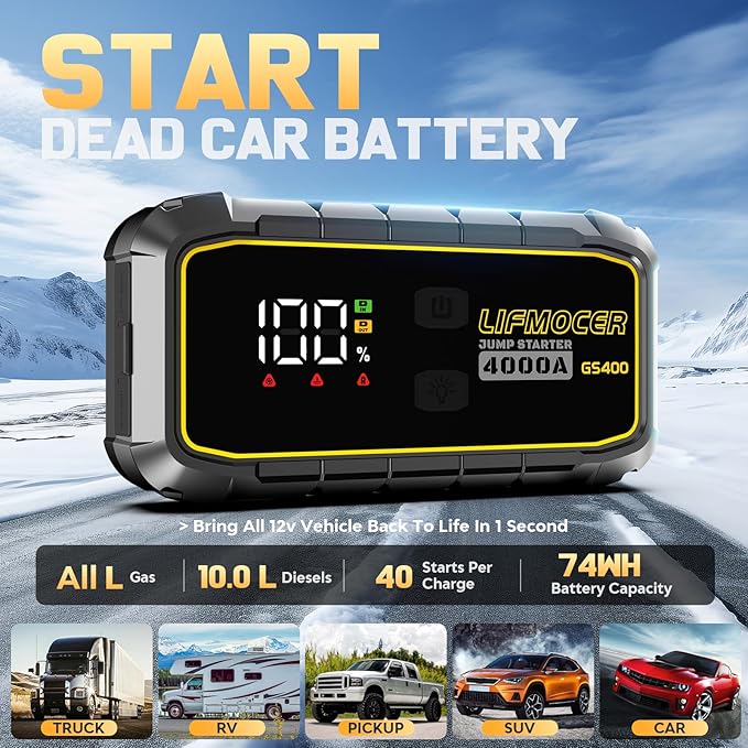 GS400 Jump Starter - 4000A Car Battery Jump Starter for Up to 12.0L Gas and 10.0L Diesel Engines, 12V Portable Jump Box with