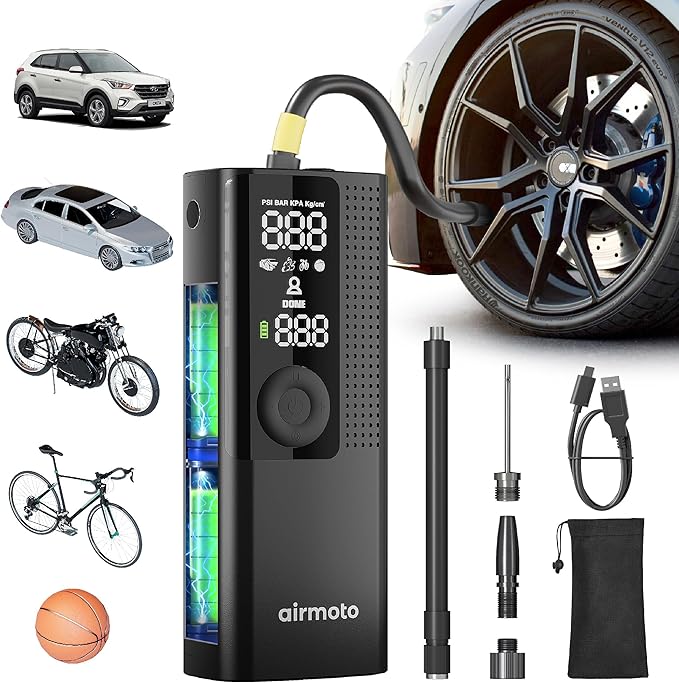 Airmoto Tire Inflator Portable Air Compressor - Air Pump For Car Tires with Digital Pressure Gauge, LED Light and Auto Shut-O