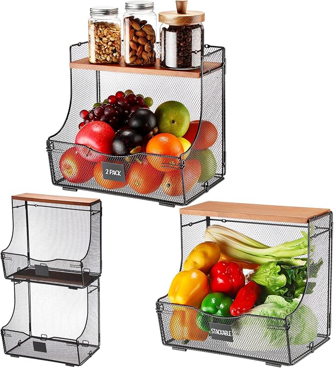 Honeydak 2 Pack Stackable Fruit Basket with Lid and Label Plate, Wall Mounted or Kitchen Countertop Metal Wire Storage for On