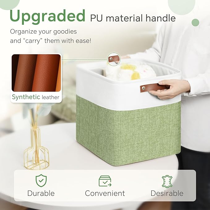 FinishingBo Cube Storage Baskets 6 Pack, 11x11 inch Cube Storage Bins with Leather Handles for Shelf Closet (White/ Green)