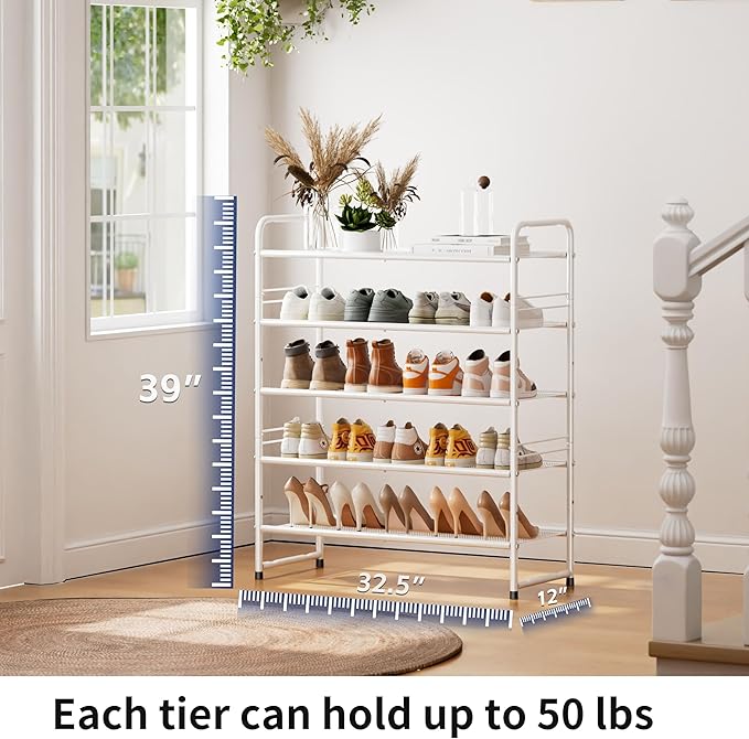 SUFAUY 33" Wide Shoe Rack, 5 Tier Shoe Organizer Mesh Free Standing Shoe Storage Shelf for Closet, White