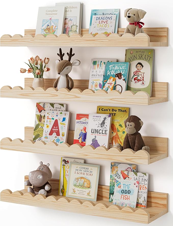 Shario Nursery Book Shelves, 4-Pack Wood Floating Shelves for Wall Kids, Scalloped Shelves, Wall Book Shelves for Bedroom Kid