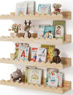 Shario Nursery Book Shelves, 4-Pack Wood Floating Shelves for Wall Kids, Scalloped Shelves, Wall Book Shelves for Bedroom Kid