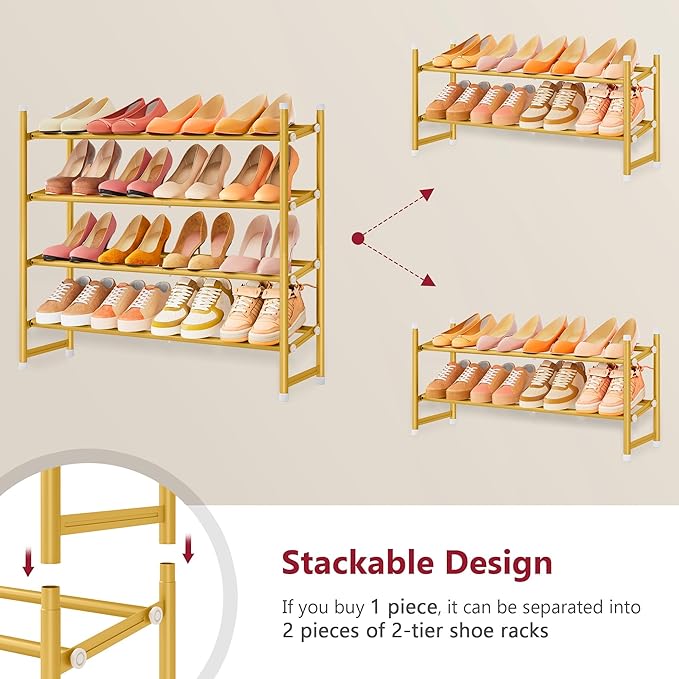 Tajsoon Expandable Shoe Rack for Closet 4 Tier, 29“-41“Adjustable & Stackable Shoe Shelf Storage, Metal Shoe Rack Organizer f