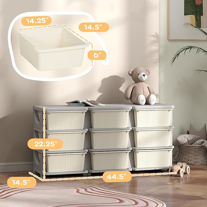 Qaba 3 Tier Kids Storage Unit, Toy Organizers and Storage with 9 Drawer Chest for Kids Bedroom Nursery Kindergarten Living Ro