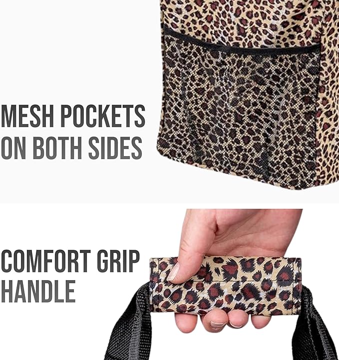Extra Large Utility Tote Bag - Oversized Collapsible Reusable Wire Frame Rectangular Canvas Basket With Two Exterior Pockets For Beach, Pool, Laundry, Car Trunk, Storage - Leopard