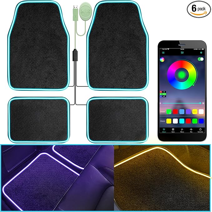 Soft Car Floor Mats With Led Strip Light, Universal Fit Black Automotive Carpet, App Control Interior Car Lights Floor Mats, Anti-Slip Waterproof RGB Car Decor Accessories For SUV, Trucks, Sedan,Jeeps