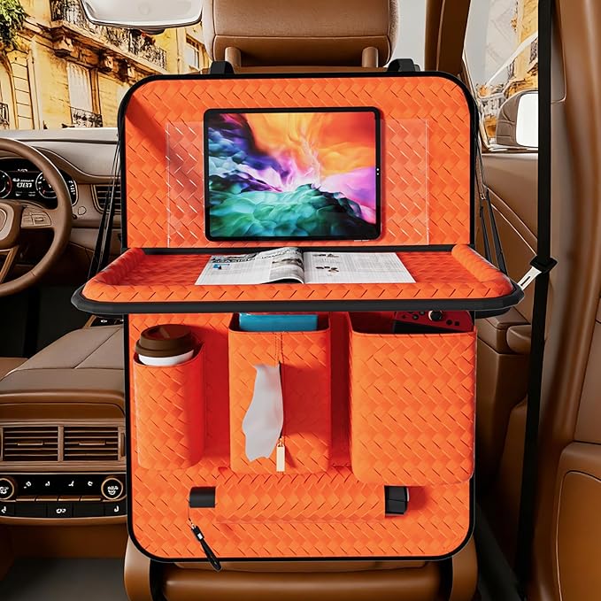 Car Back Seat Organizer, Black Woven Leather Storage Bag, Multifunctional Rear Seat Protector with Tablet Holder, 25.2x17.7 Inches, Abrasion Resistant, Orange