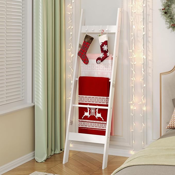 Hzuaneri Blanket Ladder for Living Room, Decorative Quilt Rack with 4 Removable Hooks, 5-Tier Farmhouse Ladder Holder Shelf O