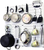 Wall Control Kitchen Pegboard Organizer Pots and Pans Storage Rack Organization Kit with White Pegboard and Black Accessories