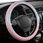 PIC AUTO Steering Wheel Cover, Light Blue Patterned & Pink Leather Patchwork Design, Universal Fit 14.5"–15.5", Anti-Slip, Od