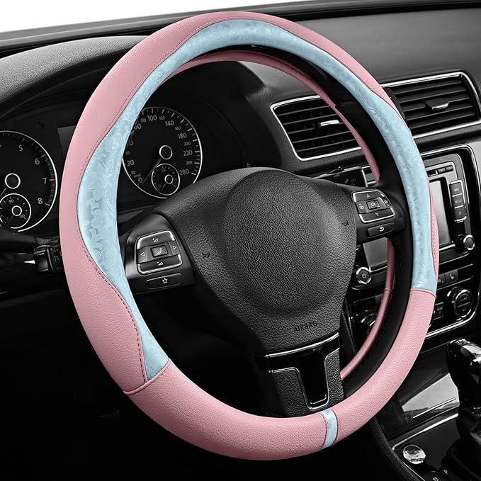 PIC AUTO Steering Wheel Cover, Light Blue Patterned & Pink Leather Patchwork Design, Universal Fit 14.5"–15.5", Anti-Slip, Od