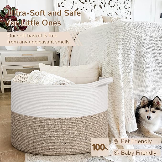 INDRESSME 115L Extra Large Blanket Basket, Soft Cotton Rope Storage Baskets for Organizing Living Room Décor Toy Storage for 