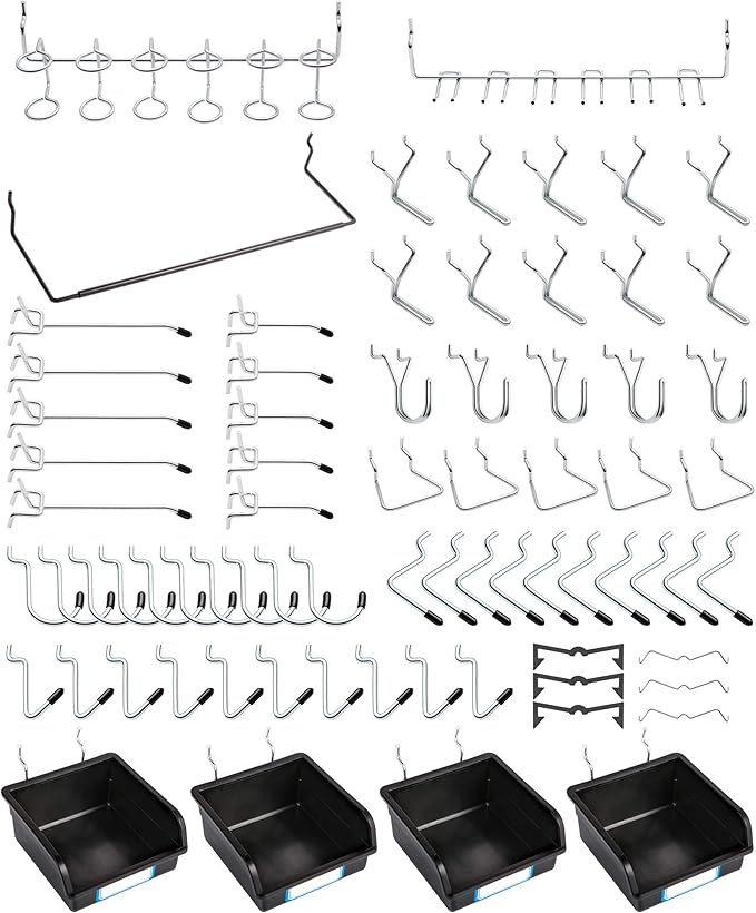 FRIMOONY Pegboard Hooks, with Bins, Peg Locks, for Organizing Various Tools, 131 PCS, 60 of Which are Locks